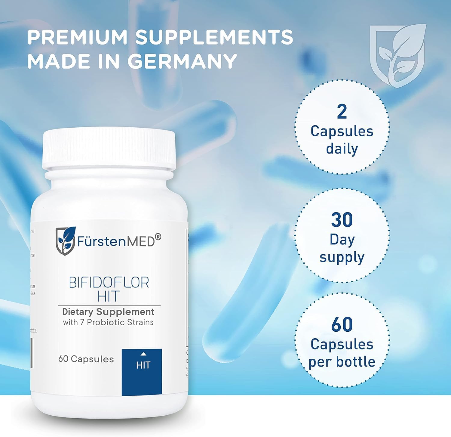 FürstenMED Bifidoflor HIT - Probiotic Supplement - Lactobacillus Salivarius, Gasseri, Rhamnosus & 4 Bifidobacterium Probiotic - Normal Gut Digestive Health Support - 60 Vegan Capsules
