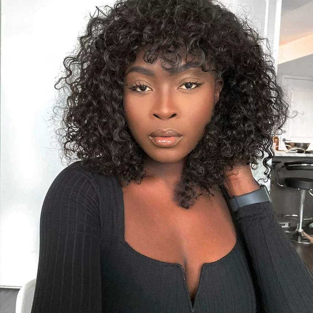 Water wave Human Hair Wigs with Bangs for Black Women None Lace Front Wig Machine Made Wig Glueless Unprocessed Water Curly Brazilian Remy Hair 14 inch 150% Density Natural Color.