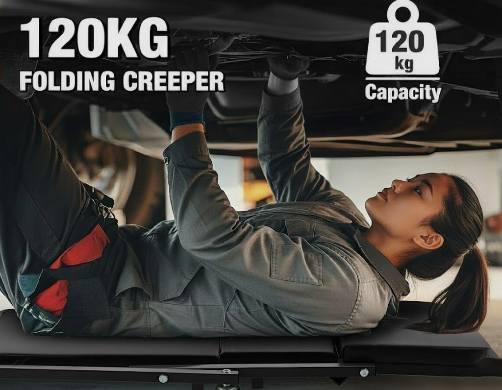 superokay 2-in-1 Folding Creeper Seat, 36-Inch Professional Mechanic Cart with 6 Casters, 300 lbs Capacity Rolling Creeper for Garage & Shop, Foldable Z Creeper Seat with Tool Tray