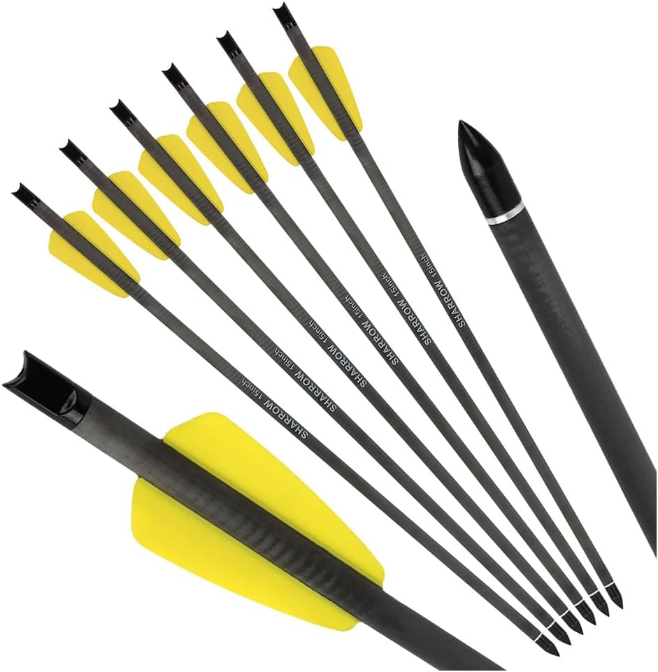 12pcs 15 Inch Short Carbon Arrows - 6.2mm ID 100 Grain Replaceable Tips for Archery Target Shooting