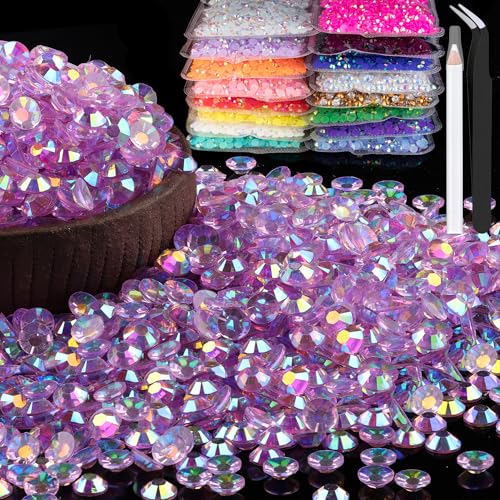 2000pcs 6mm Resin Rhinestones Bulk, Transparent Lavender Purple AB Flatback Round Jelly Rhinestones Non Hotfix Crystal Gems Large Quantity Wholesale for DIY Crafts Clothes Face Makeup Manicure