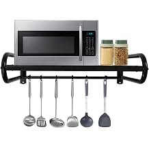 Wall Mounted Microwave Shelf Microwave Oven Rack with 6 Hook Utensils Wall Shelf Metal Over Oven Shelves Mount Multifunctional Storage Bracket Metal 20.87x14.96x7.09in Black