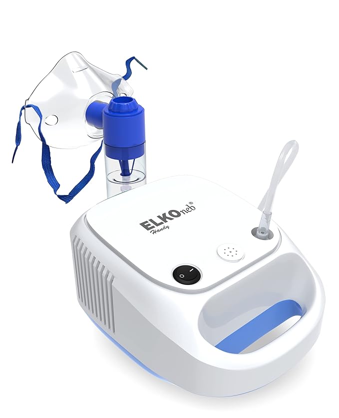 ELKO EL-720 ELKOneb Handy Piston Compressor Nebulizer Machine with Complete Mask Kit for Adult & Child | Flow Adjuster Included (White/Blue)