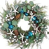 18 Inch Eucalyptus Leaves Starfish Blue Shatterproof Wreath for Home and Front Door Decoration, Greenery Wreaths with White Berries for Home Decoration, Starfish Wreath for Everyday Indoor and Outdoor