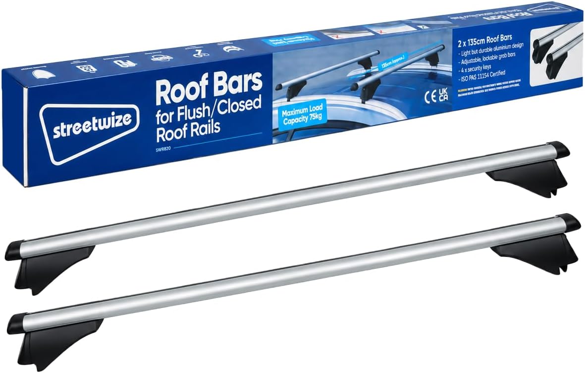 Streetwize - Roof Bars for Flush/Closed Roof Rails | Aluminium, 75kg Max Load | Cars