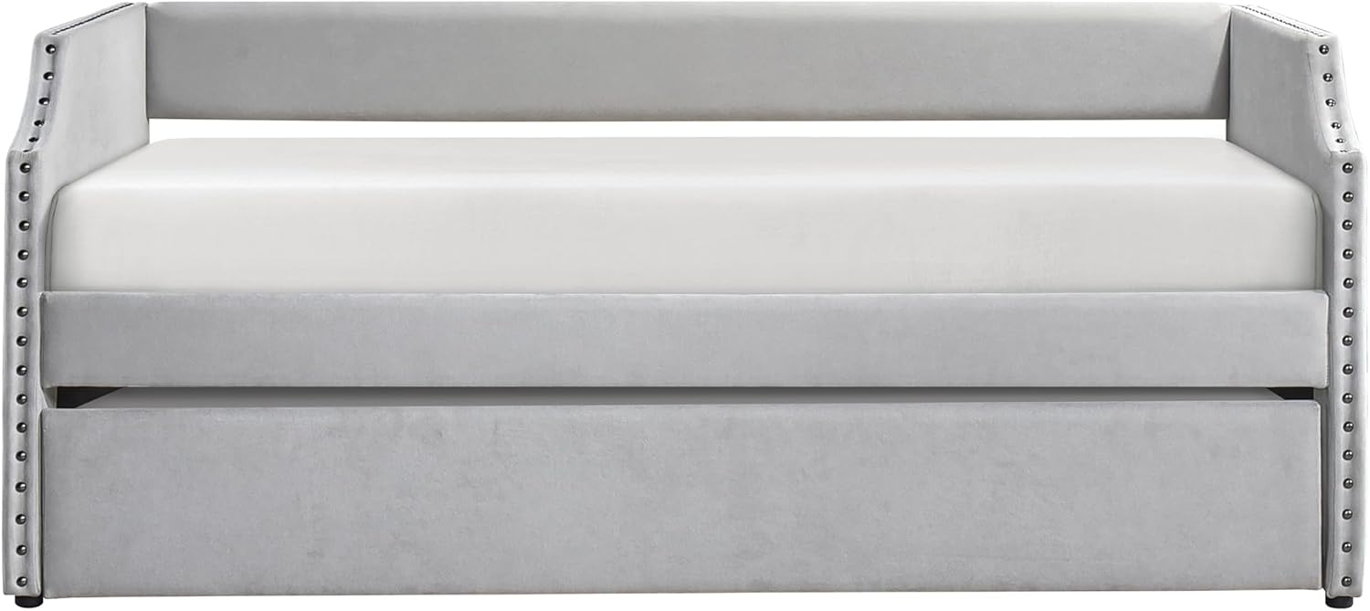 Lexicon Upholstered Daybed with Trundle, Textured Fabric Twin Day Bed Frame with Backrest and Wood Slat Support, Twin Trundle Daybed Sofa Bed for Bedroom Guest Room, No Box Spring Needed, Light Gray