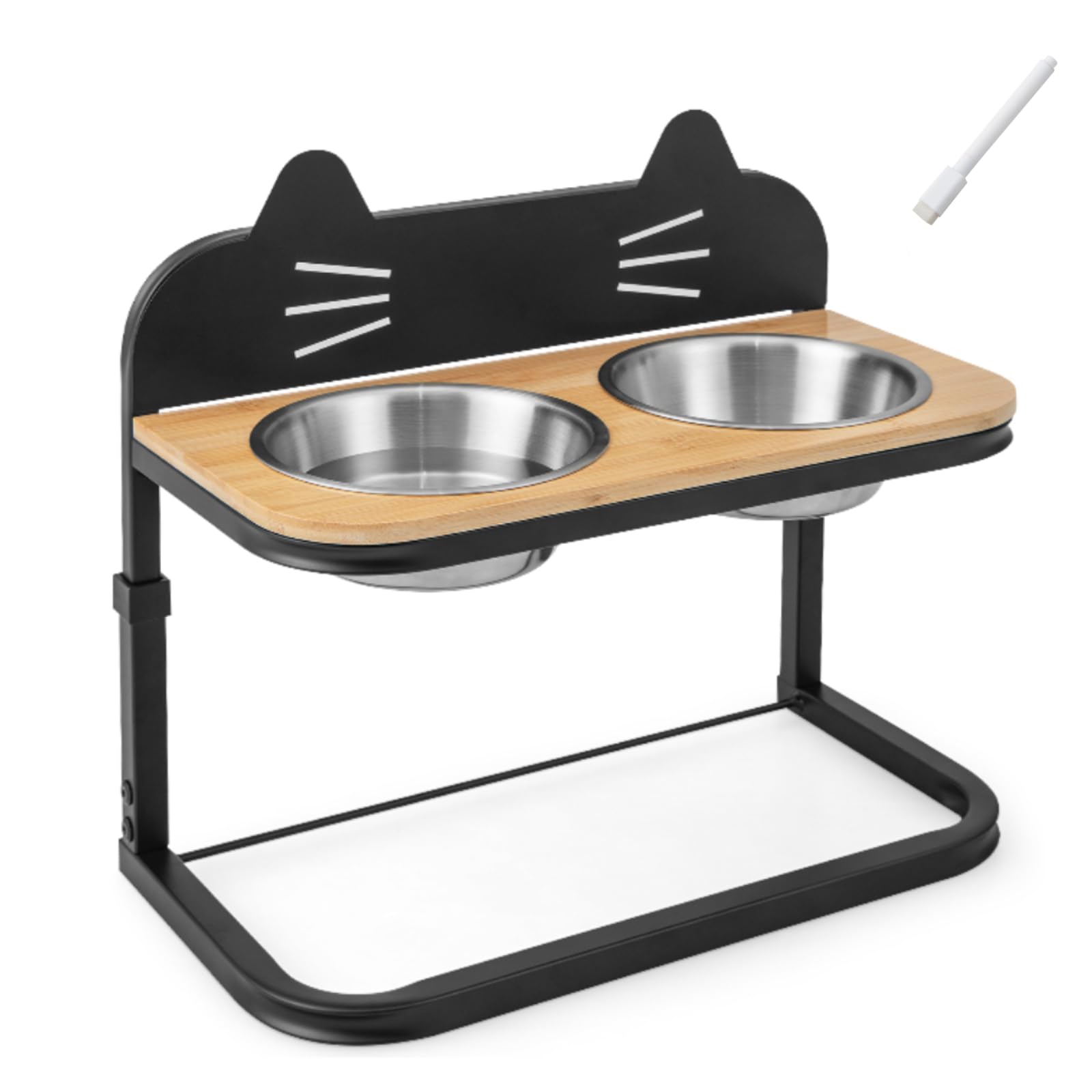 Maxmass Raised Dog Cat Bowls, Height Adjustable Elevated Pet Food Feeding Station with 2 Removable Stainless Steel Bowls and White Marker, Bamboo Pet Double Bowls Stand for Cats Dogs (43 x 22 x 38 cm)