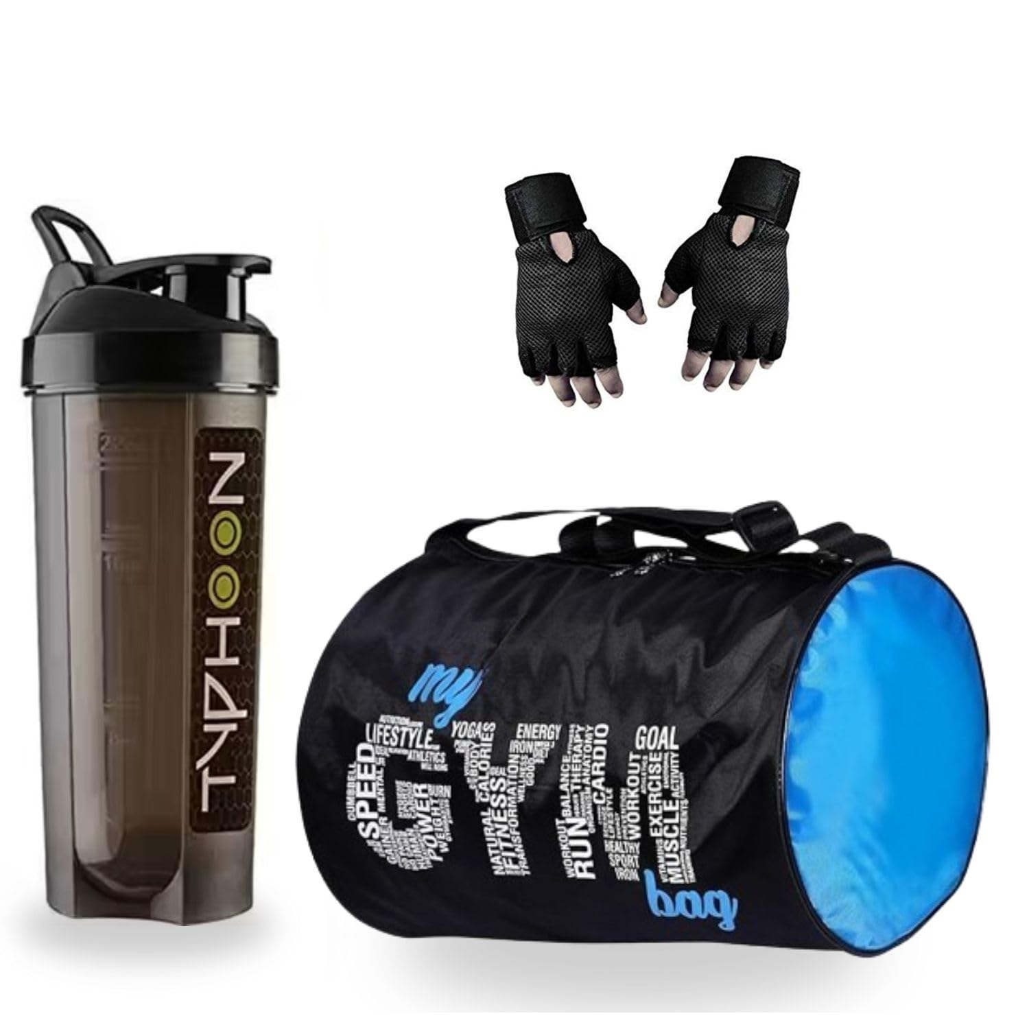 Gym Set with 700ml Protein Shaker Bottle Workout Gloves Gym Bag Black and Blue-image-20