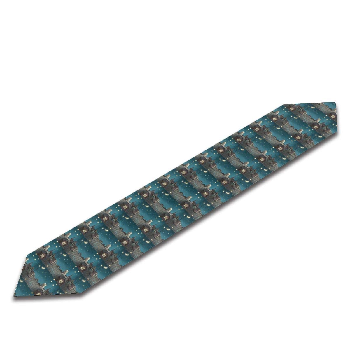 White Cat Roof Watching Moon Stars Double-Sided Table Runner,Table Cloth Runner for Wedding Party Holiday Kitchen Dining Home Everyday Decor (13 X 90 Inches Long)