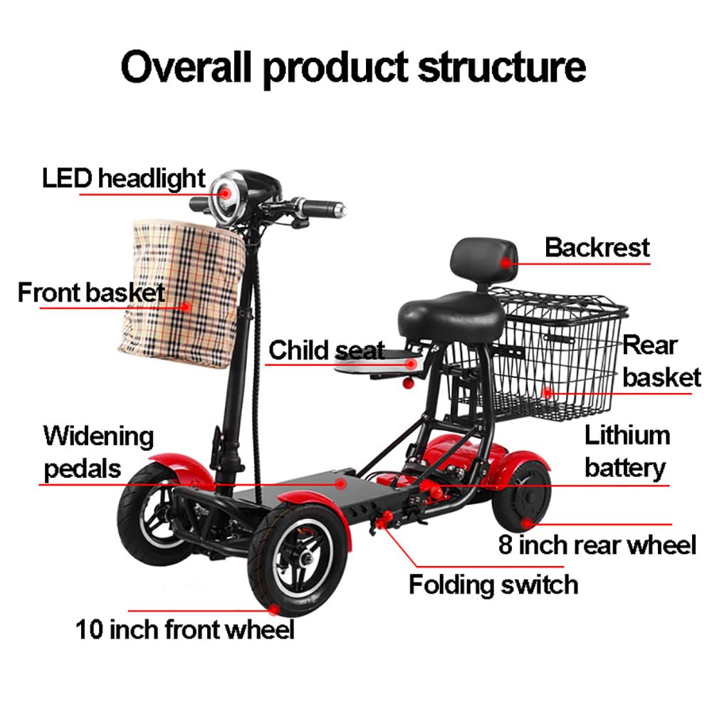 4 Wheeled Electric Mobility Scooters, Folding Mobility Scooters, Front and Rear Double Baskets, Double Disc Brakes for Adults Elderly Disabled Outdoor Travel,Blue-15.6Ah/40km (blue 15.6Ah)