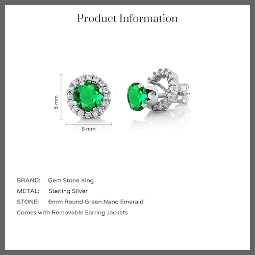 Miniatura 4 de Gem Stone King Aretes de plata de ley 925 con esmeralda simulada para mujer (1.54 quilates, redondo de 0.236 in), Metal Gema, Nano esmeralda nano