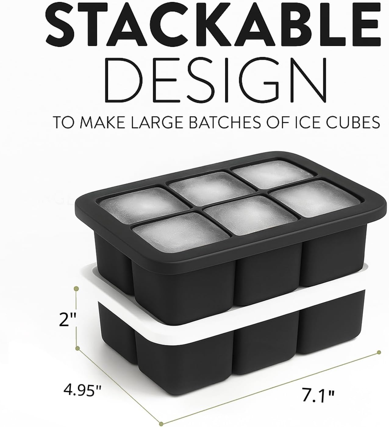 Large Silicone Ice Cube Trays 2 Pack 2 Inch Square Ice Molds with Removable Lid Easy Release BPA Free Big Ice Cube Tray for Whiskey Cocktail Old Fashioned Freezer Safe Stackable Design (Black)