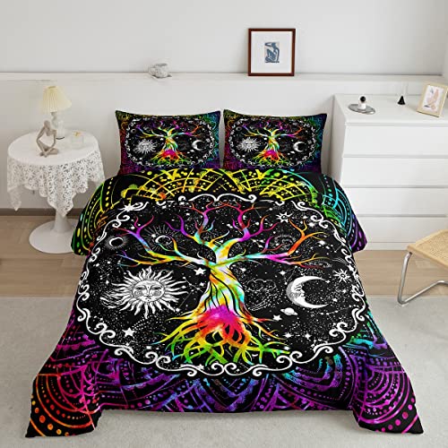 Trippy Sun And Moon Comforter Set Queen,Black And White Bedding Set For Kids Boys Girls Warm,Psychedelic Tree Of Life Down Comforter All Season Cozy,Galaxy Stars Mandala Tribal Quilted Duvet 3Pcs #TOP21