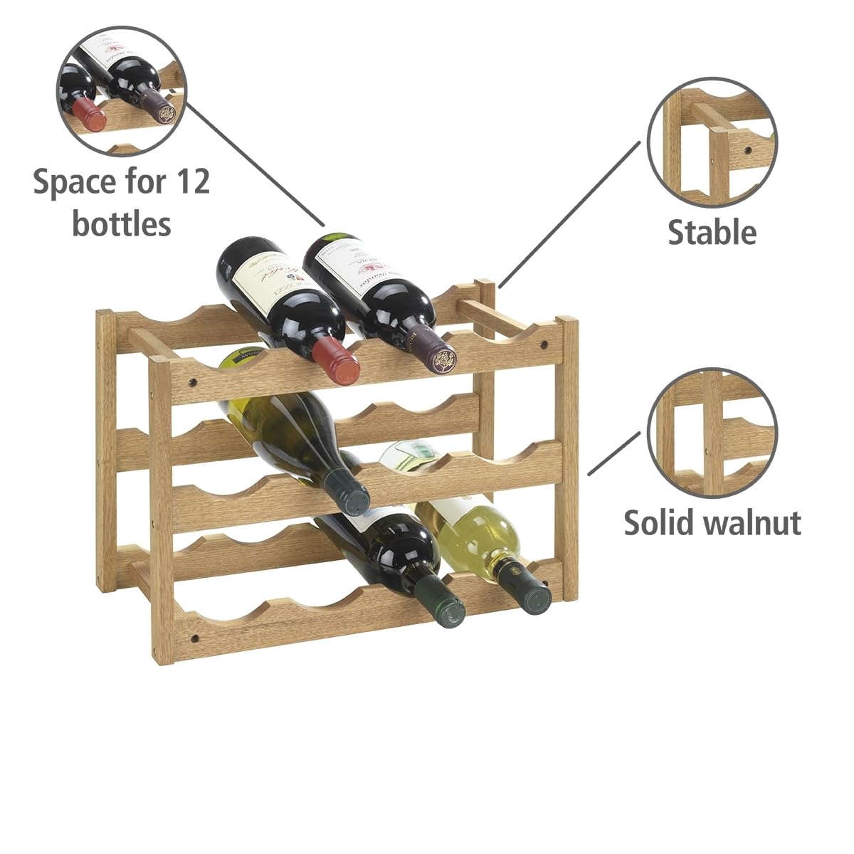 WENKO Scaffale porta bottiglie di vino Norway, scaffale legno per vino fino a 12 bottiglie, portabottiglie in noce da terra a 3 piani