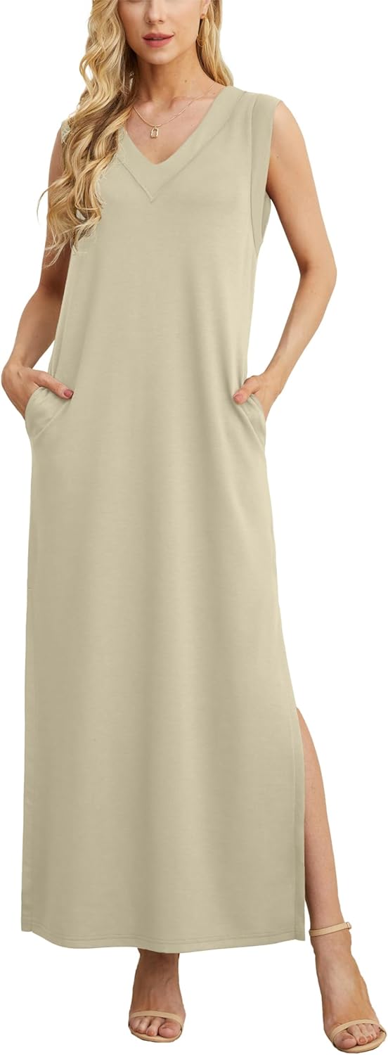GRECERELLE 2026 Women Summer Inside-Out V-Neck Casual Loose Split Wrinkle-Free Long Maxi Beach Dress with Pockets - Image 2