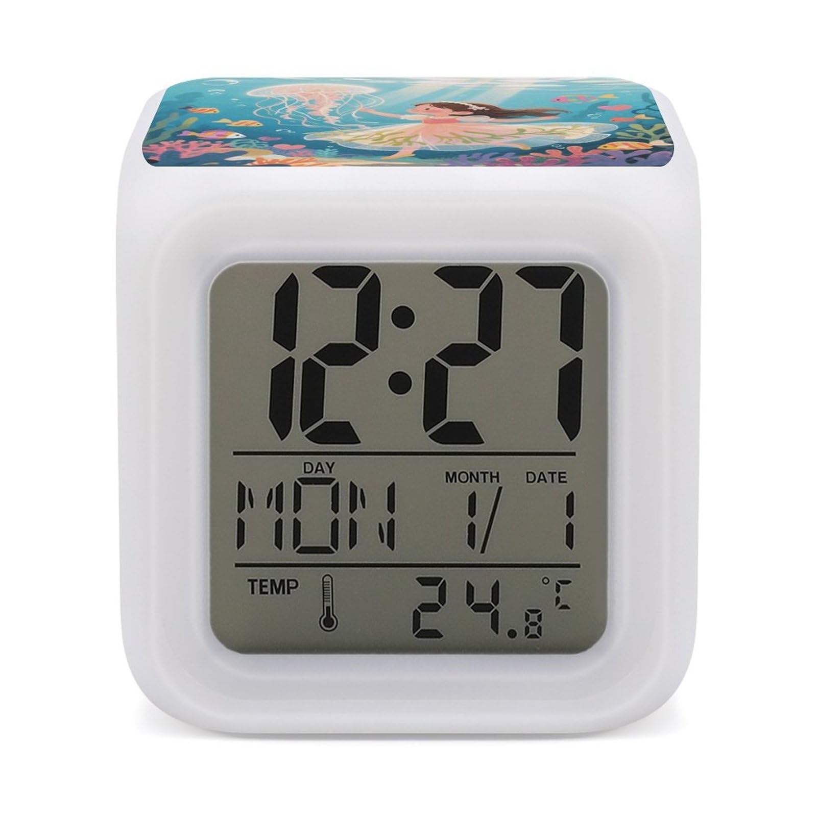 VstaDank Jellyfish in The Ocean Alarm Clock with Date Temperature Large LED Display Number Clocks with 7 Colors Changing Desk Clock Battery Operated Digital Clocks with Date for Heavy Sleepers