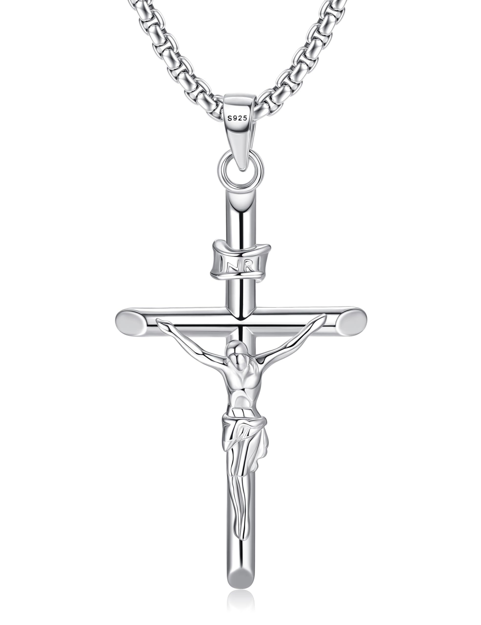 MILACOLATO 925 Sterling Silver Crucifix Necklace for Men Women, 2mm Sterling Silver Rolo Chain with Small or Large Crucifix Pendant, Jesus Crucifix