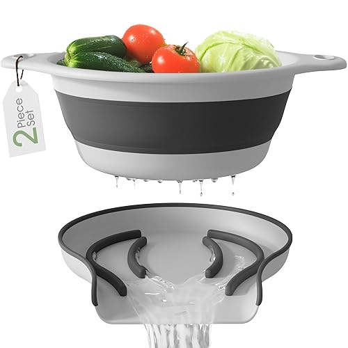 Collapsible Colander Strainer, Includes Over-sink Countertop Draining Base (5QT) Large