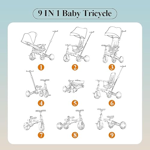 Miniatura 6 de WinHope Triciclo de empuje 9 en 1 para niños pequeños de 1 a 3 años  Triciclo convertible para niños con asa ajustable para padres y arnés de