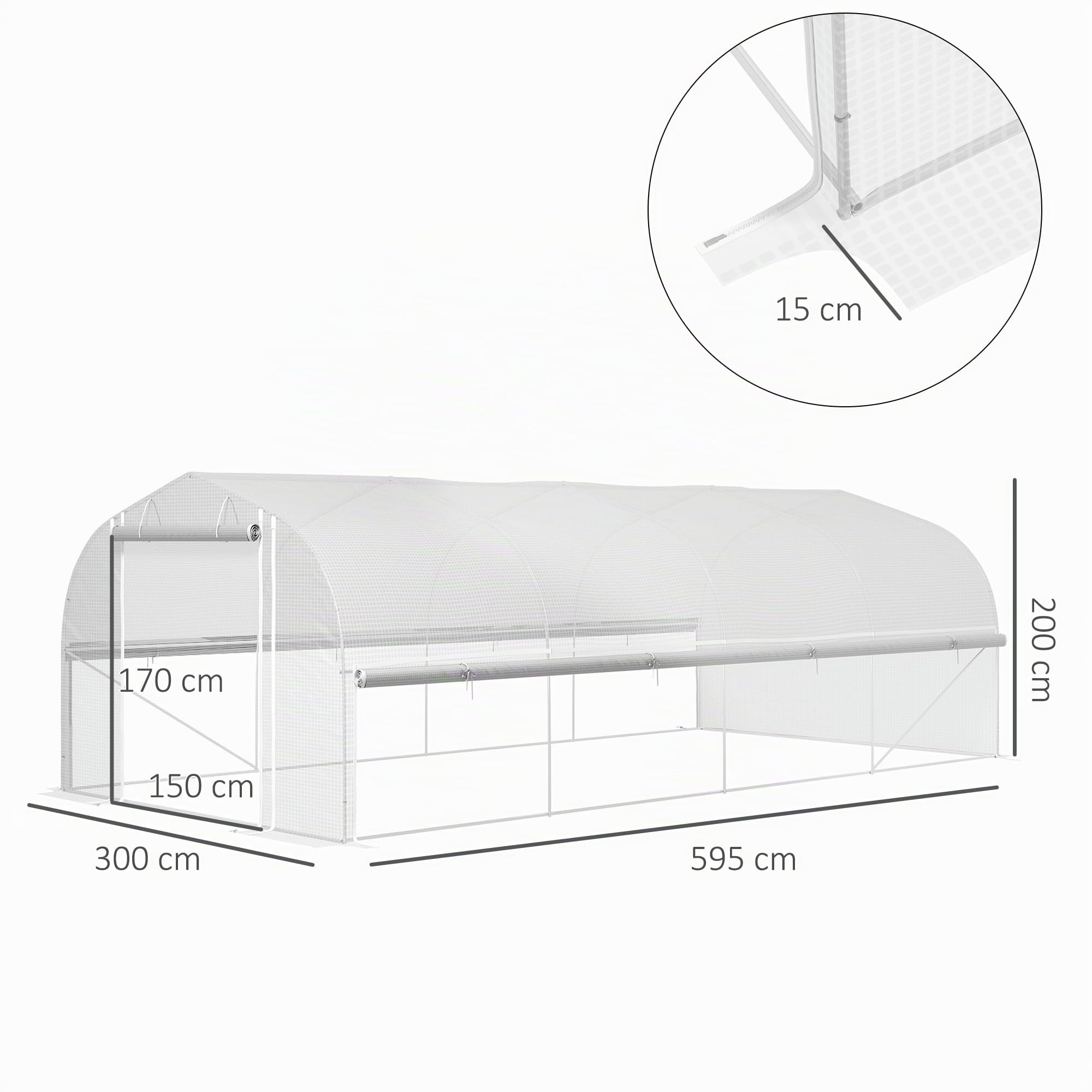 Serra Outsunny 6 x 3 x 2 m con 8 finestre e porta, pareti laterali avvolgibili, tunnel per pomodori in pellicola resistente ai raggi UV con struttura in acciaio zincato, bianco