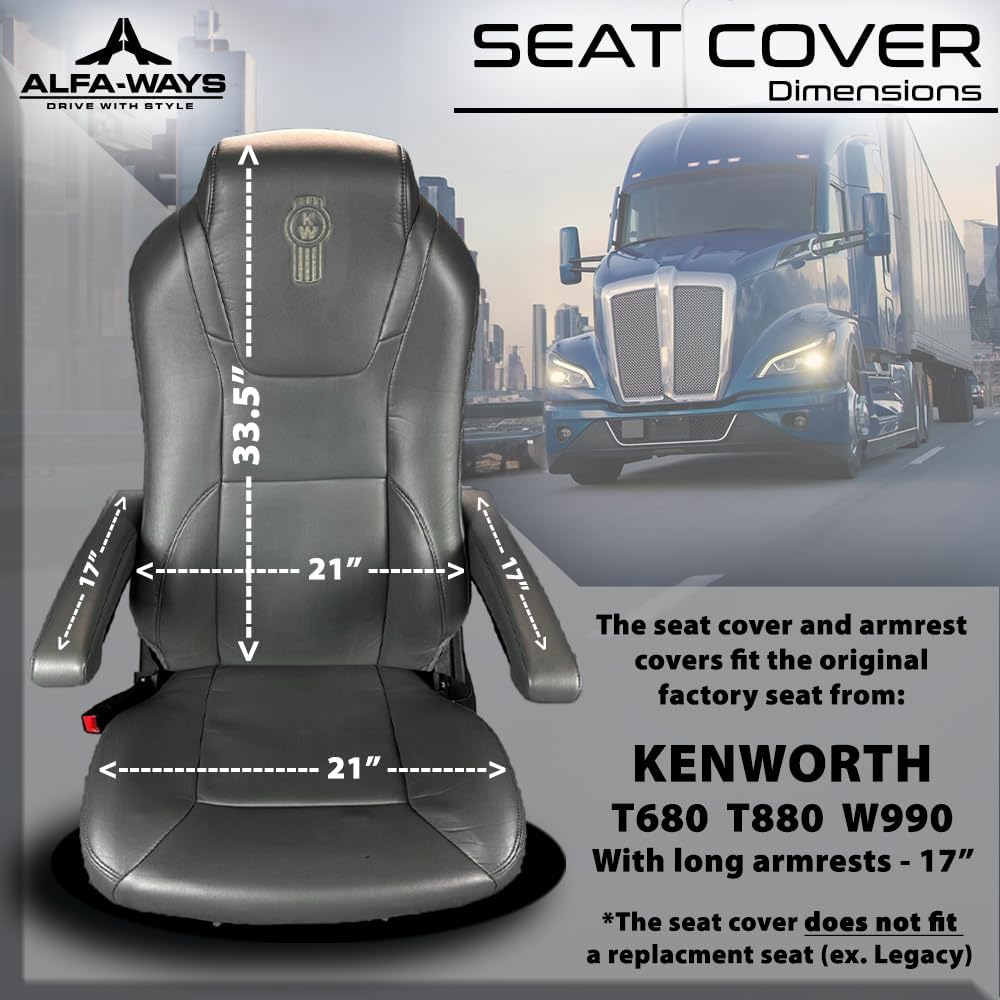 Seat Covers for Trucks fits Kenworth T-680, T-880, W-990 - Seat Cover Bleu - Leather Seat Covers in Eco Long Armrests 17" - Suspension Seat - Truck Seat Cover