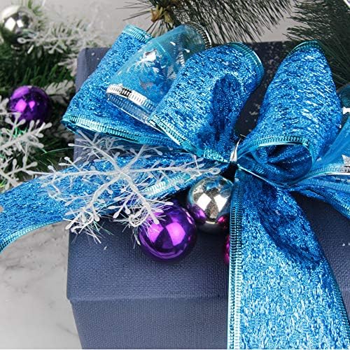 VATIN Christmas Ribbon,Wired Holiday Party Ribbons Assorted Snowflake Dot Holly Star Patterns Decorations, Swirl Sheer Glitter Ribbon 33 Metre (63mm Width x 5.5m Each Roll) -Blue/Silver