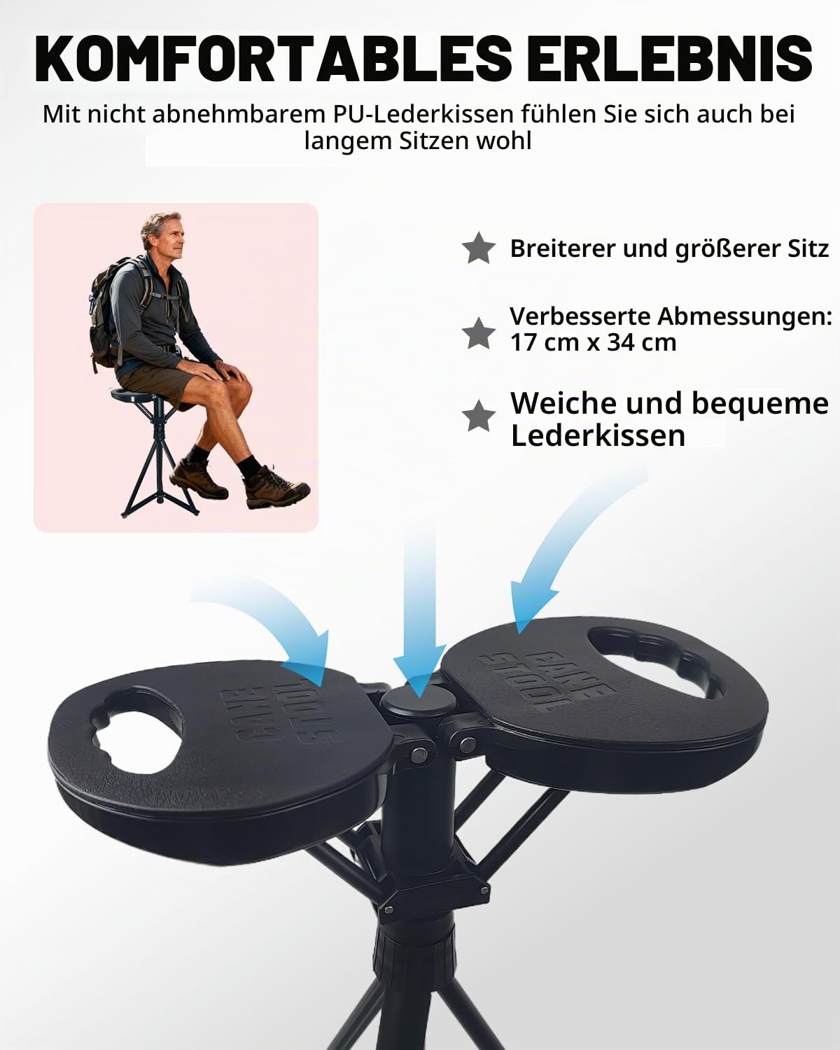 Gehstock mit Sitz, Faltbarer Gehstock, Höhenverstellbare Leichtbau-Gehstock für Erwachsene & Senioren,Geeignet für Wanderungen und den Einsatz im Freien mit Tragetasche (Tragkraft 250 KG)