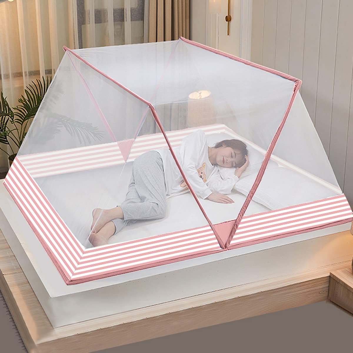 Moustiquaire pliable lit adulte lit bébé portable camping rose OKUOKA 135x190x80cm