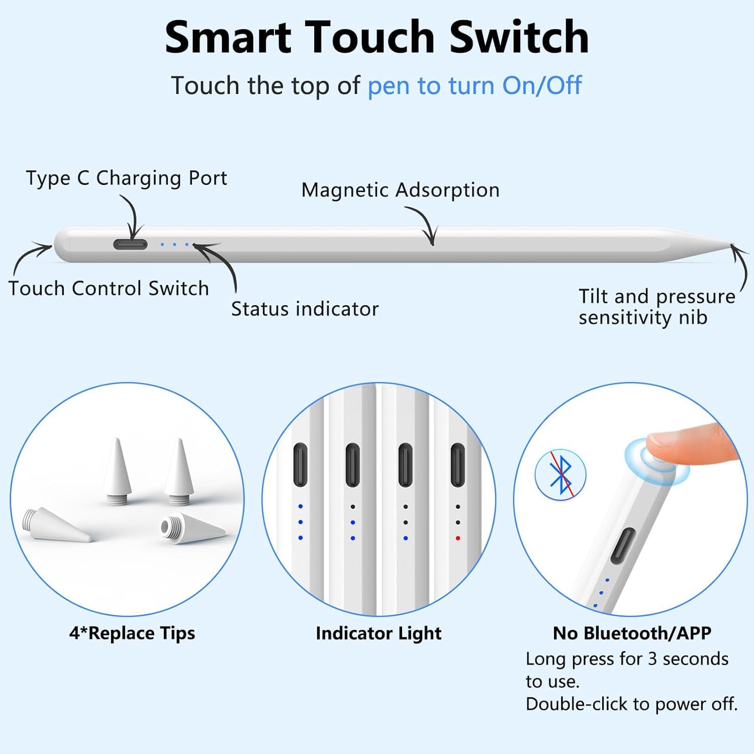 Penna Compatibile con Apple iPad 2018-2025,Ricarica Rapida,Rifiuto del Palmo,Palm Rejection,Stylus Pencil per ipad 11 A16/10/9/8/7/6,Pro 11/12.9,Air 3/4/5/M2/M3,Mini 5/6-Bianco - 4