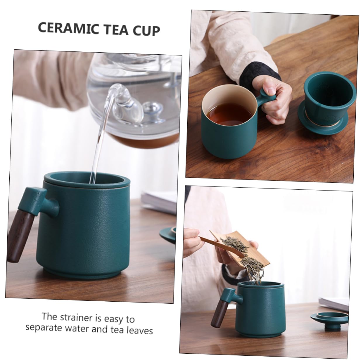 400ml Keramiktasse Grün mit Deckel und Holzgriff für Tee