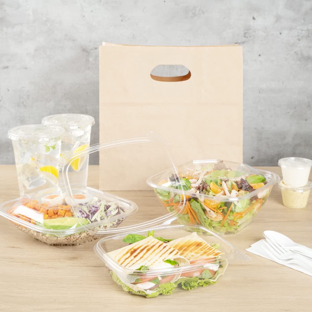 Thermo Tek - Contenedores de comida delicatessen de 24 onzas, 100 recipientes con tapa con bisagras antivaho, congelables, rectangulares, de plástico transparente, desechables Restaurantware