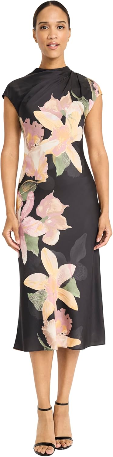 Maggy London Womens Women's Mock Neck Midi Length A-line - Cap Sleeve Formal - Special Occasion Dress