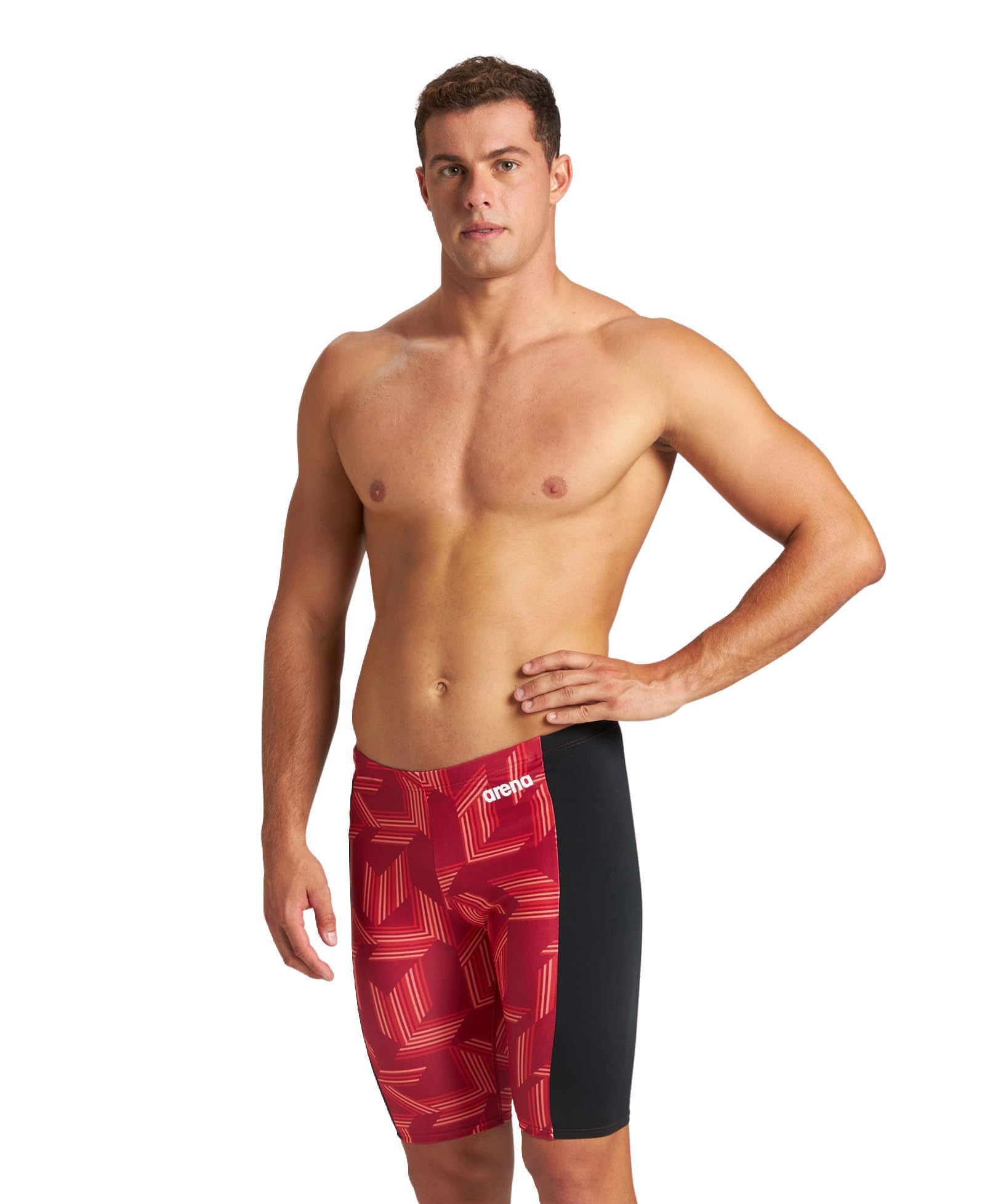 ARENA Puzzled Athletic Swim Jammers for Men Competitive Racing, Training, Quick Dry, Compression, Chlorine Resistant Swimsuit, Black-red Multi, 30