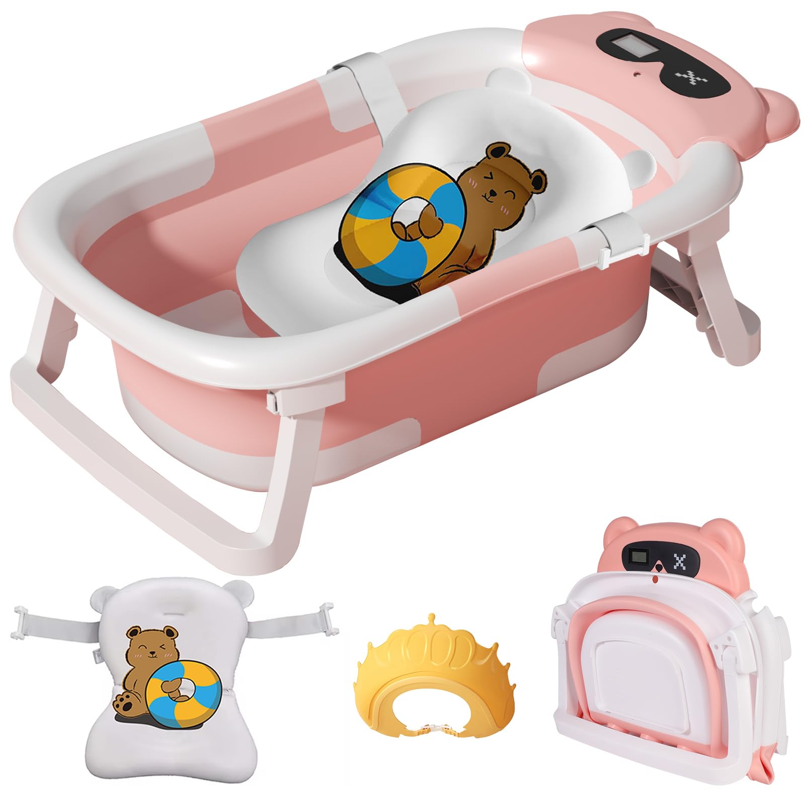 LiveGo Baby Bath Tub, Foldable Baby Bath for Infants to Toddler, Newborn Bathtub with Thermometer & Floating Cushion, BabyBath for 0-24 Months Newborns Infants and Toddler (Pink)