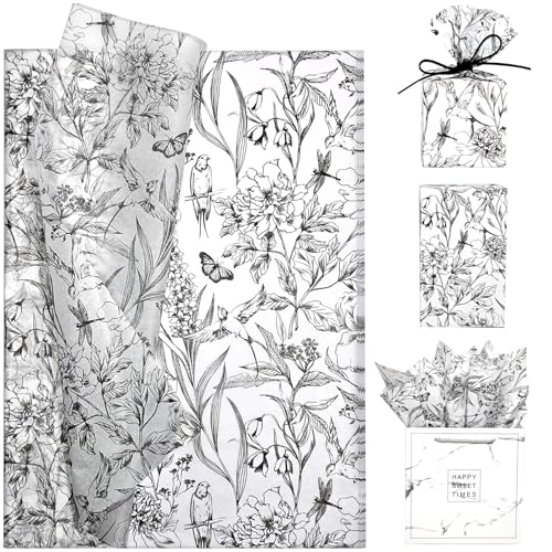 LIAPAWPAW Floral Bird Tissue Paper Bulk, Vintage Black & White Flower Tissue Paper for Gift Bags Wrapping Crafts, Elegant Art Packing Supplies for Wedding, Birthday, Holidays Decor,30 Sheets 20x14in