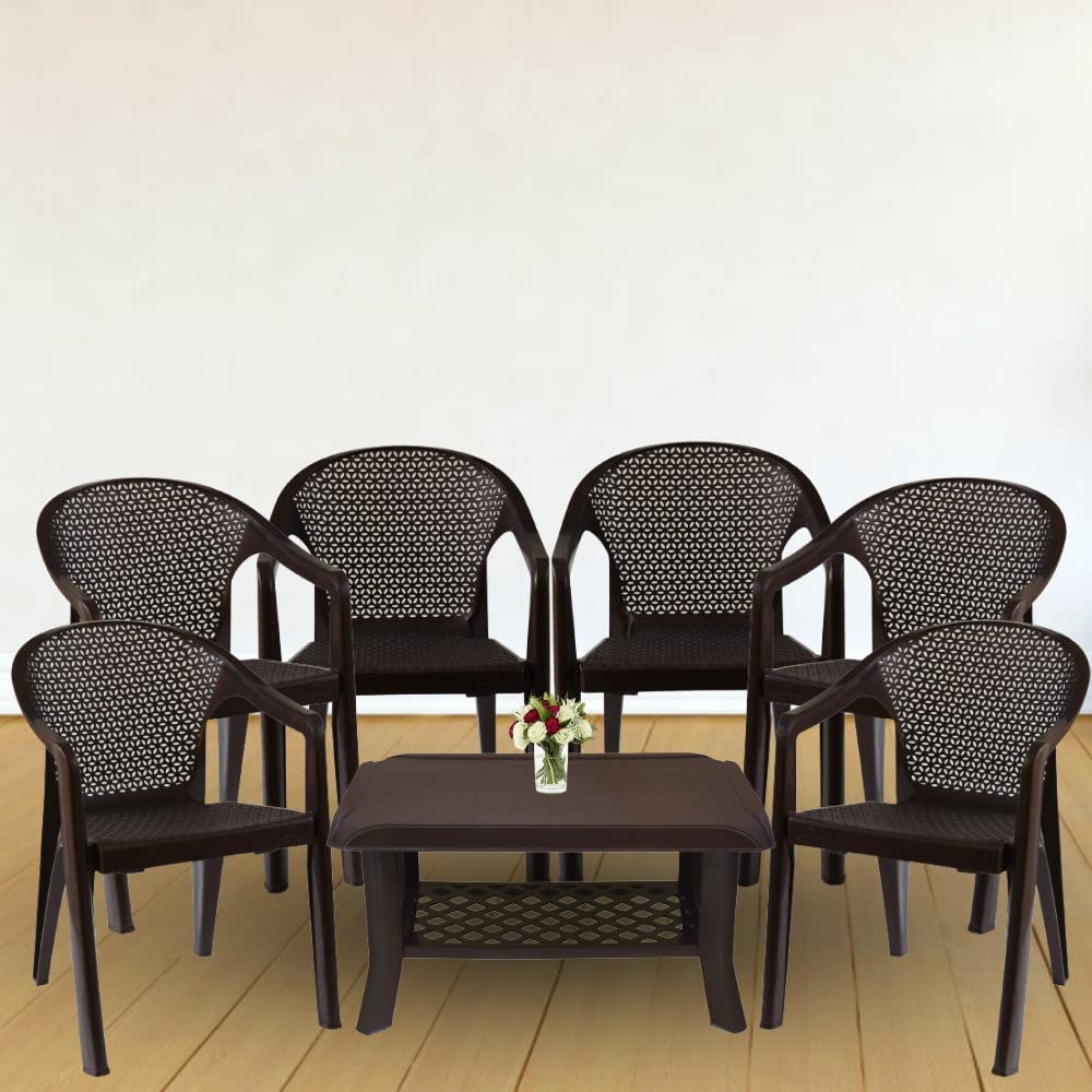 ITALICA Oxy Plastic Chair & Table Set for Home, Office/Glossy+Matte Finish Plastic Furniture Set/Suitable for Indoor & Outdoor (5202/9511, Brown, Set of 6 Chairs & 1 Table)