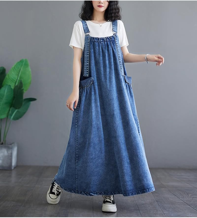 Boho Denim Overall Dress for Women Jean Overalls Skirt Jumper Pinafore Dresses Wide Hem Adjustable Straps Oversized - Image 3