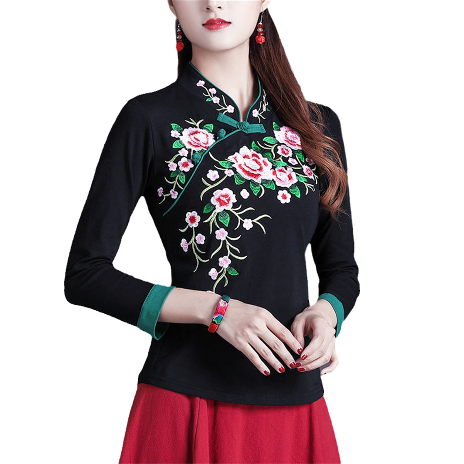 Damskie bawełniane topy Cheongsam Zimowa mieszanka haft łączenie stójka pogrubienie chiński styl Qipao koszule