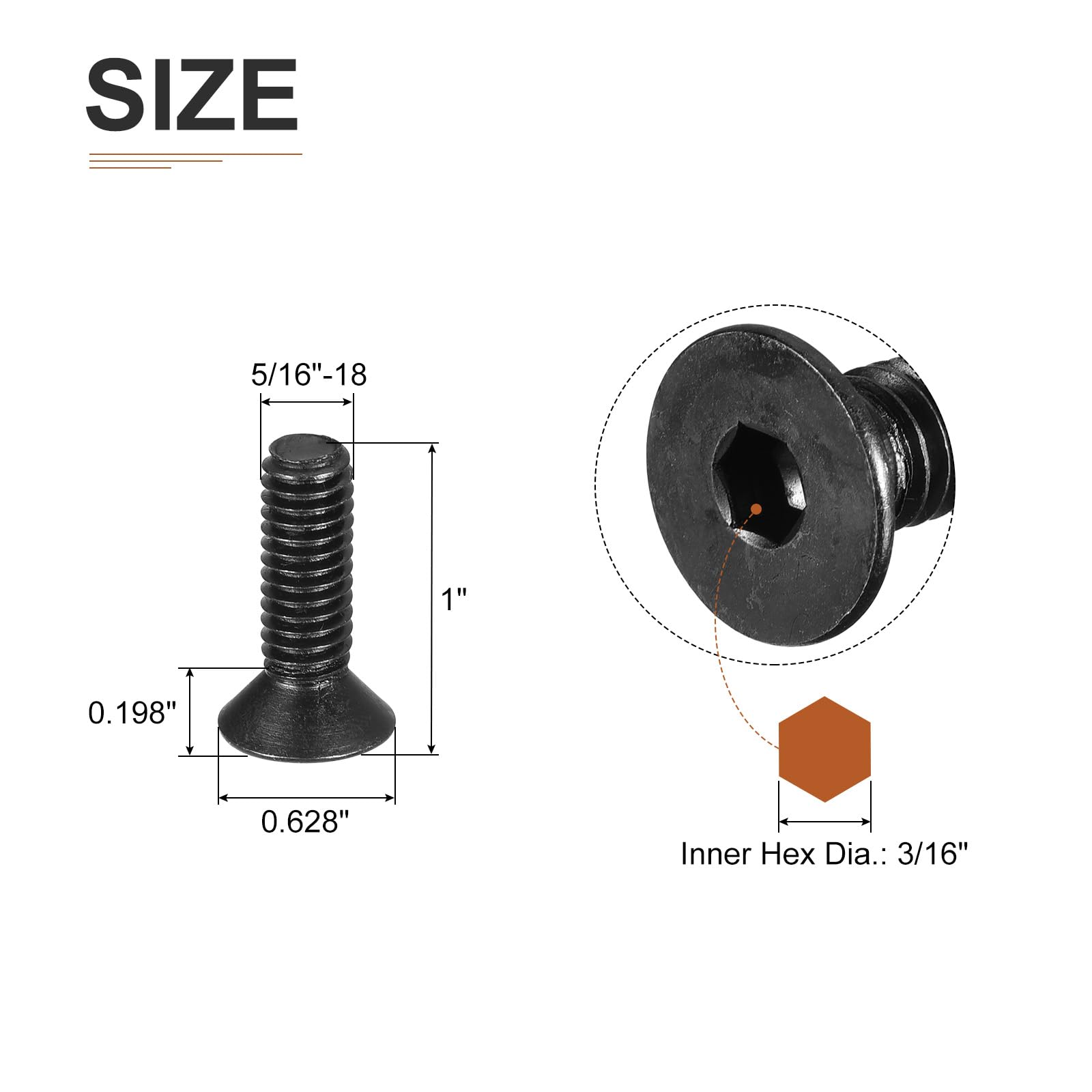 DTGN 5/16-18x1" Flat Head Socket Cap Screws, 12 Pack Hex Socket Flat Head Screws Carbon Steel Black Oxide, Full Thread - Image 2