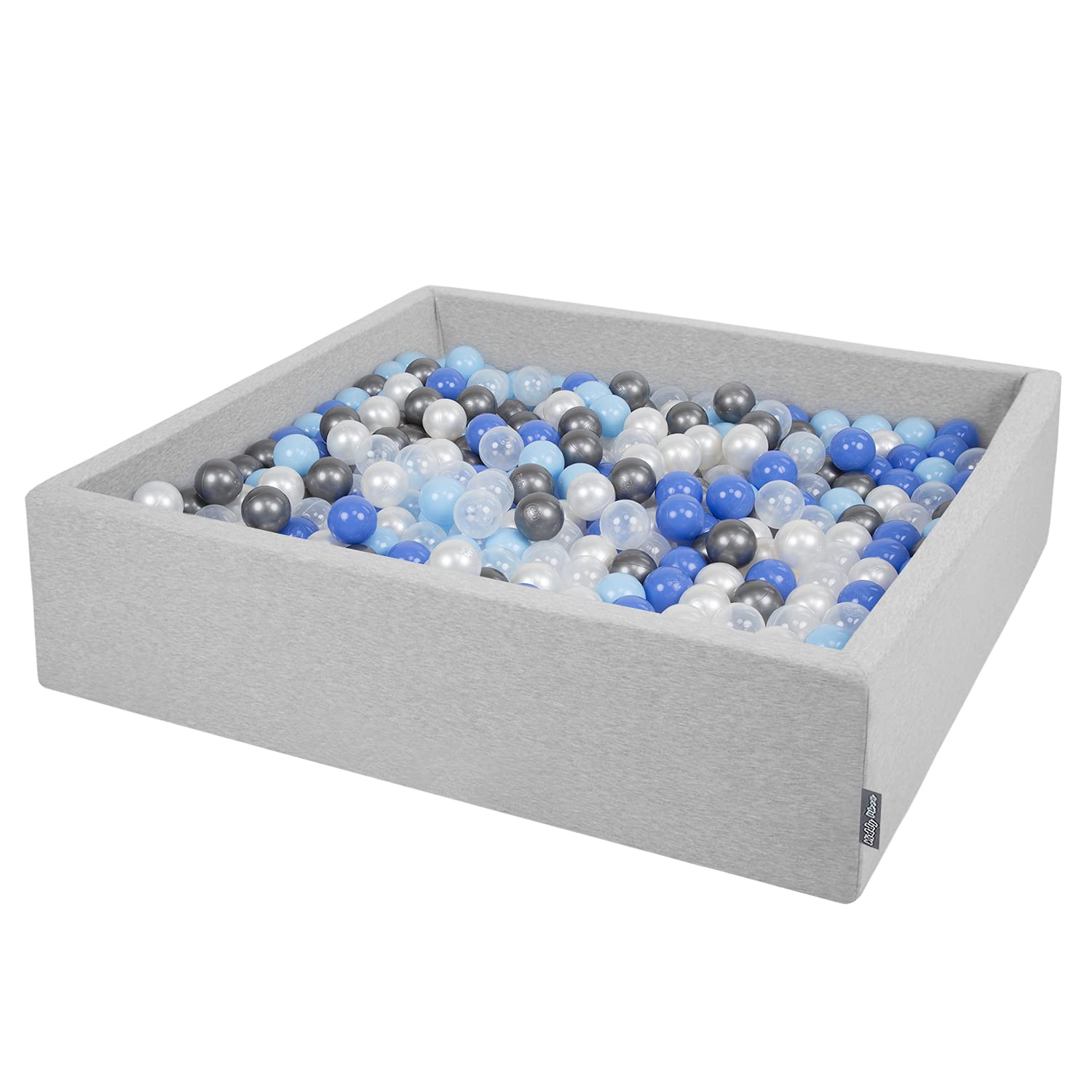 KiddyMoon Soft Ball Pit Square 120X30cm/300 Balls ∅ 7Cm / 2.75In For Kids, Foam Ball Pool Baby Playballs Children, Made In EU, Light Grey:Pearl-Blue-Babyblue-Transparent — image 1
