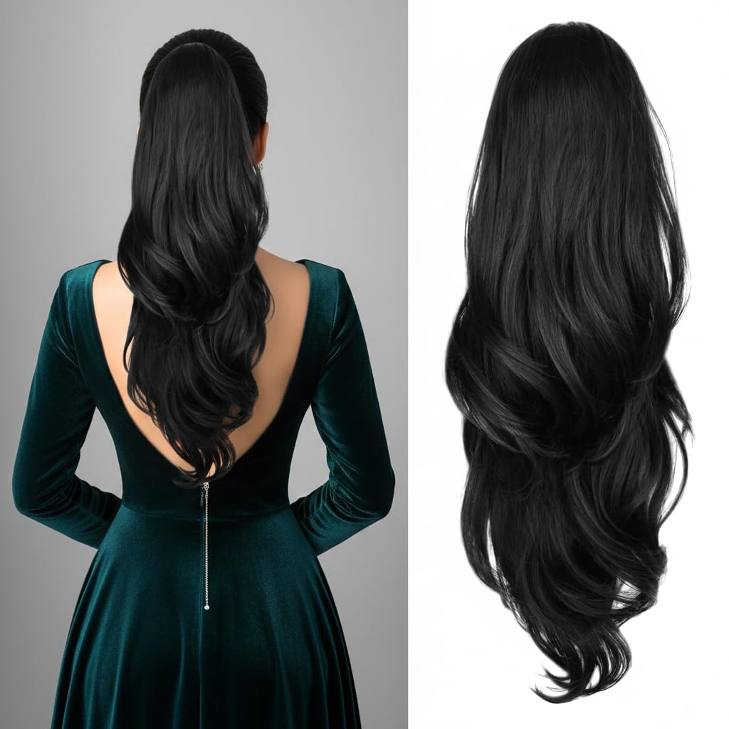 Ponytail Extension, Drawstring Extension for Women 22 Inch Long Wavy Layered Pony Tails Hair Extensions Synthetic Clip in Ponytail Hairpiece for Women (BLACK)