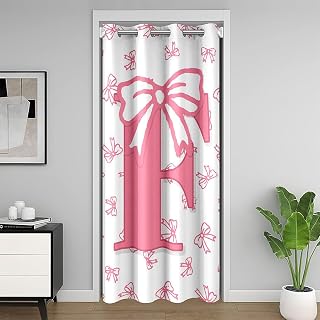 jejeloiu Pink Bow Door Curtain for Doorway Window 59" x 80" Cute Bowknot Thermal Insulated Temporary Room Dividers Initial Letter F Closet Cover Monogrammed Bedroom Living Room Princess Decor