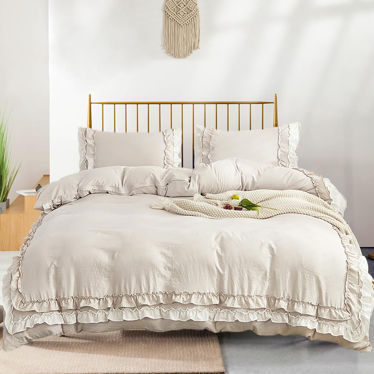Wotcsil Beige Ruffle Bedding Set for Women Girls Ruffled King Duvet Cover Set Plain Duvet Cover Shabby Chic Retro Double-Layer Frill Edge Design with Pillowcase - Image 3