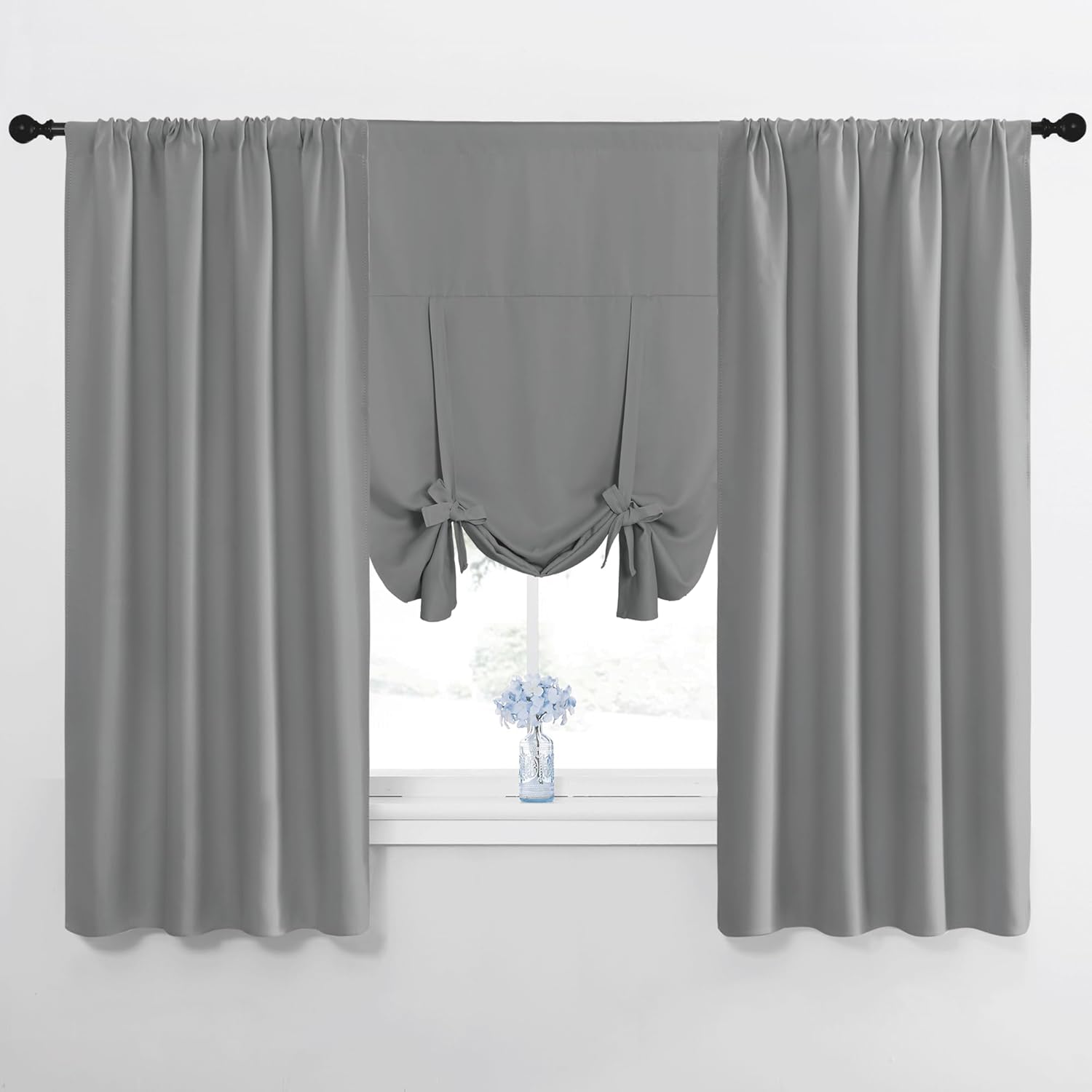 NICETOWN 1 Panel 46" x 63" Tie up Curtain with 2 Panles 42" x 63" Rod Pocket Blackout Curtains for Living Room Thermal Insulated Window Shade for Bedroom, Silver Grey