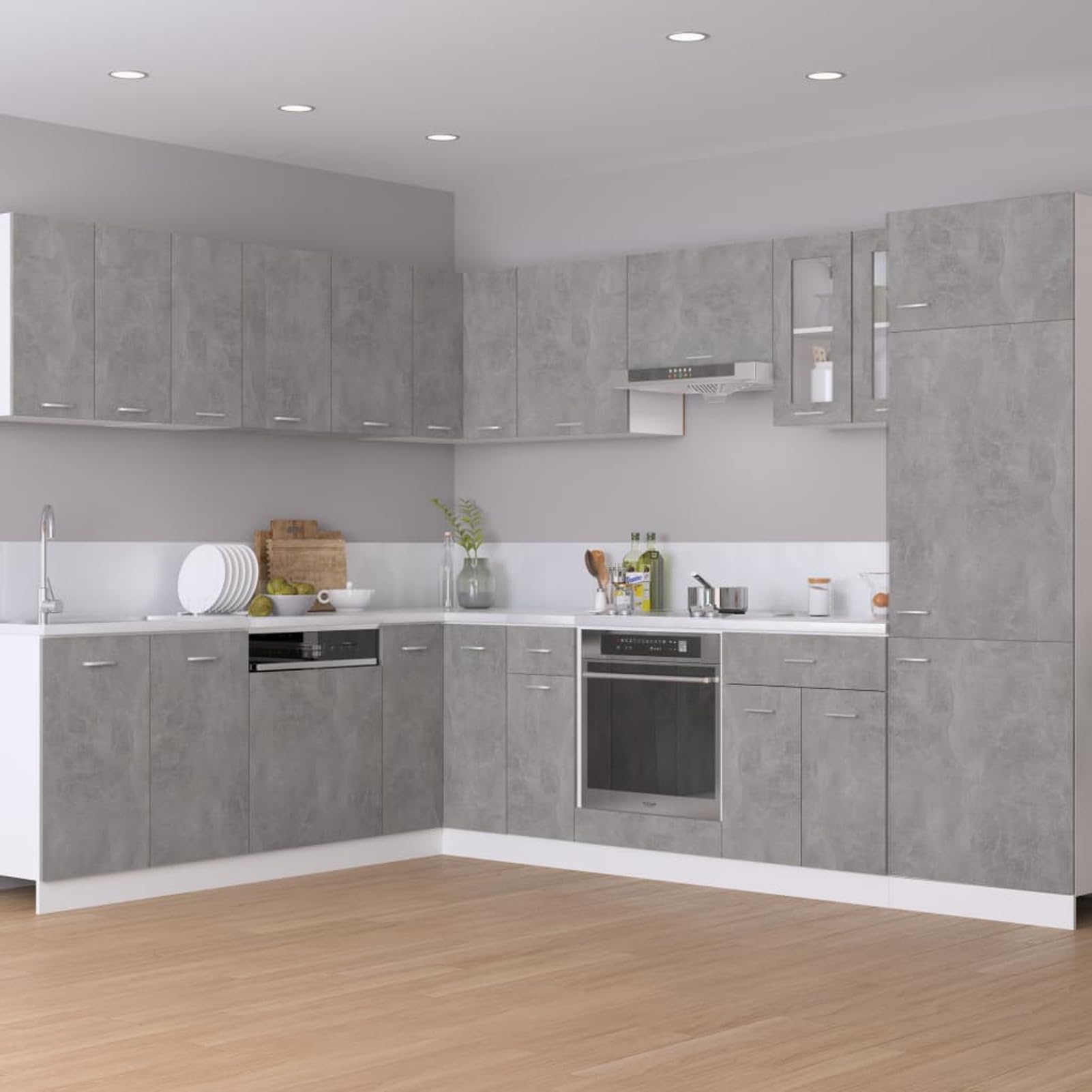 Gecheer Eckunterschrank Lyon Betongrau 75.5x75.5x81.5 cm Holzwerkstoff praktischer Stauraum für Küchengeräte langlebiges Design für Moderne Haushalte