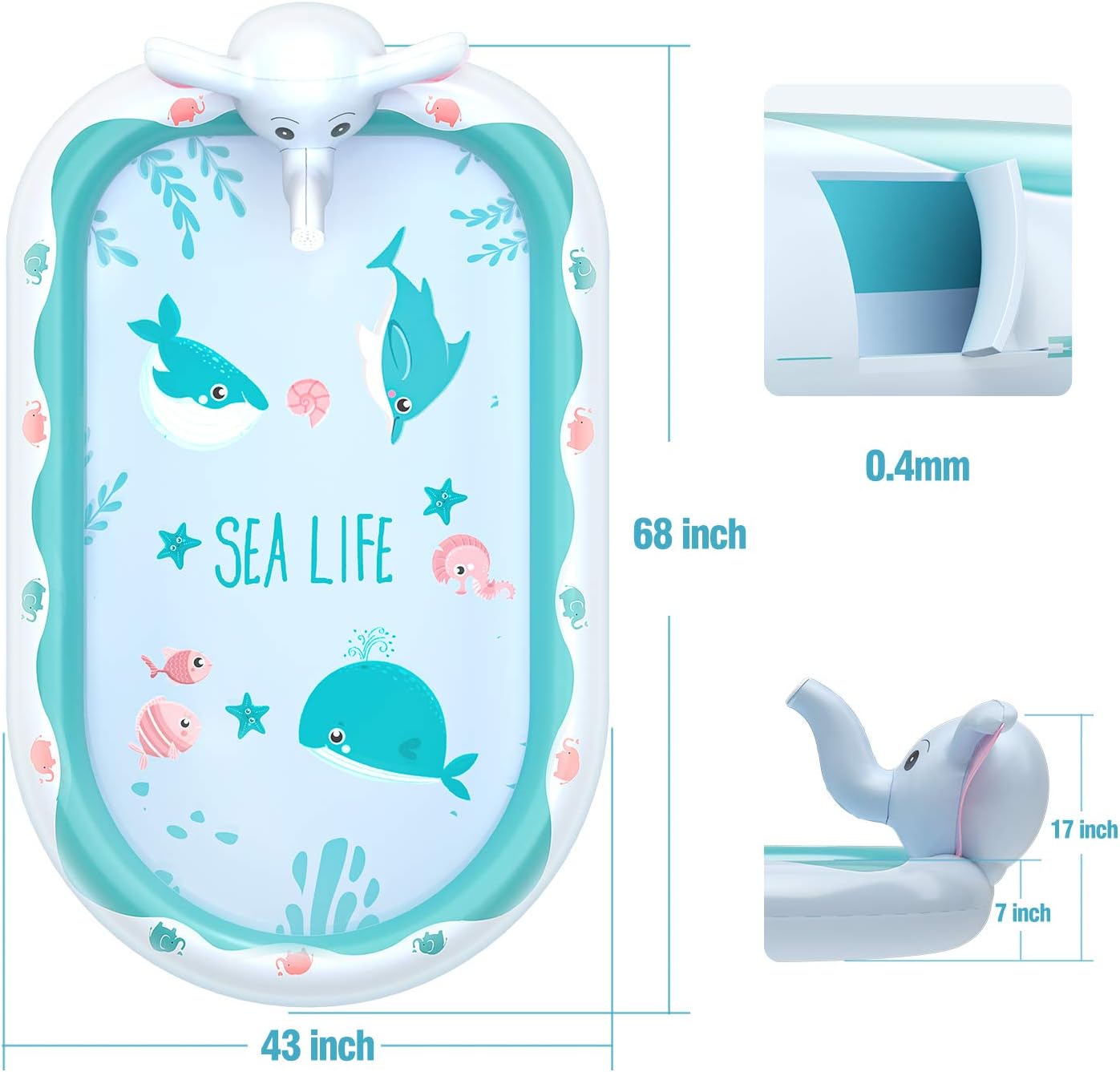 SEAMAZ Inflatable Sprinkler Pool for Kids - 68" x 43" Kiddie Pool, Baby Swimming Pool, Splash Pad and Wading Pool for Learning with Ball Pit, Great Gifts Water Toys for Toddlers Girls Boys All Age : Toys & Games