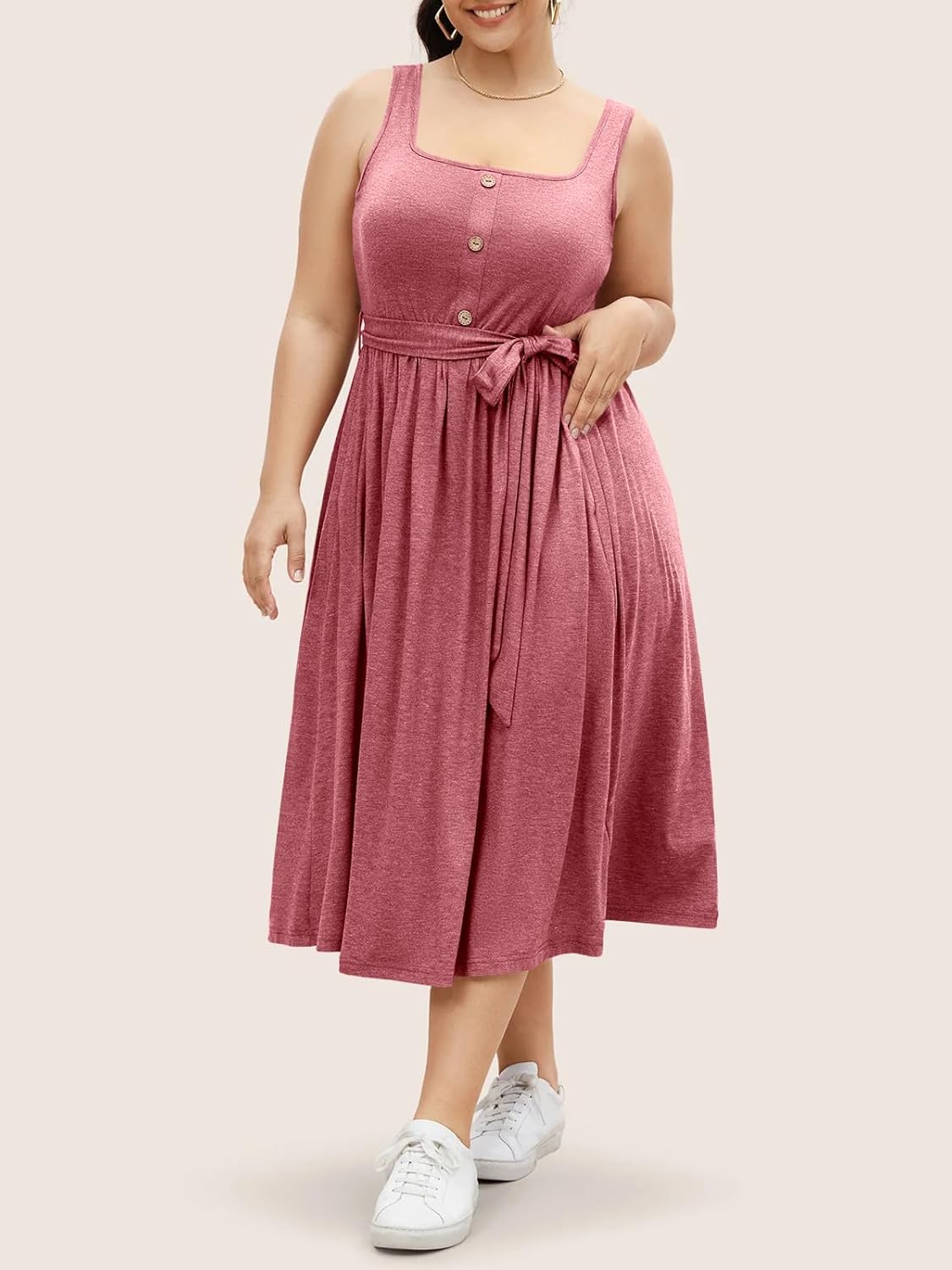 Beautife Women's Plus Size Summer Midi Dress Sleeveless A-Line Square Neck Pleated Belted Tank Dress - Image 3