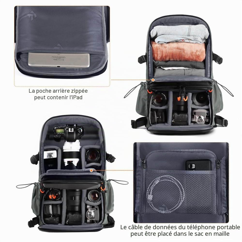 K&F CONCEPT Sacs à dos pour appareil photo pour photographes Sac de voyage énorme 32L Grands sacs pour appareil photo avec compartiment pour ordinateur portable et housse de pluie imperméable