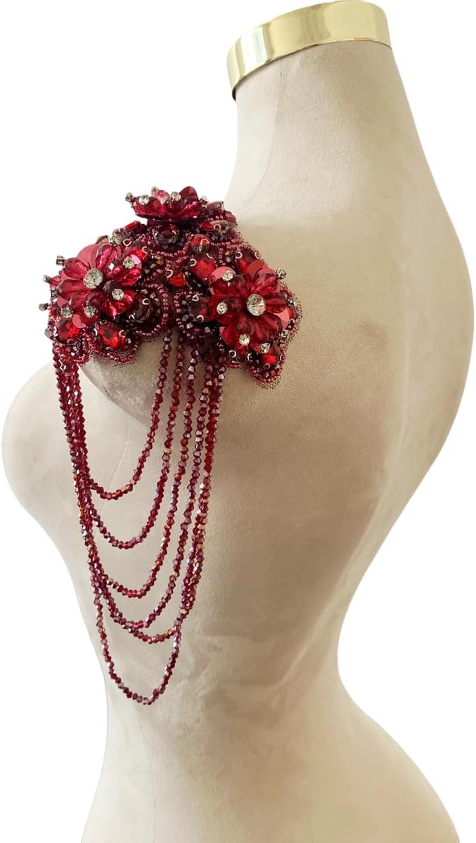 Handmade 3D Three-Dimensional Flower Rhinestones Applique Sewing Crystal Fringe Beads Sequins Patches Accessory for Wedding Dresses DIY Decorative 6X10inches 2PCS/Bag (Wine)