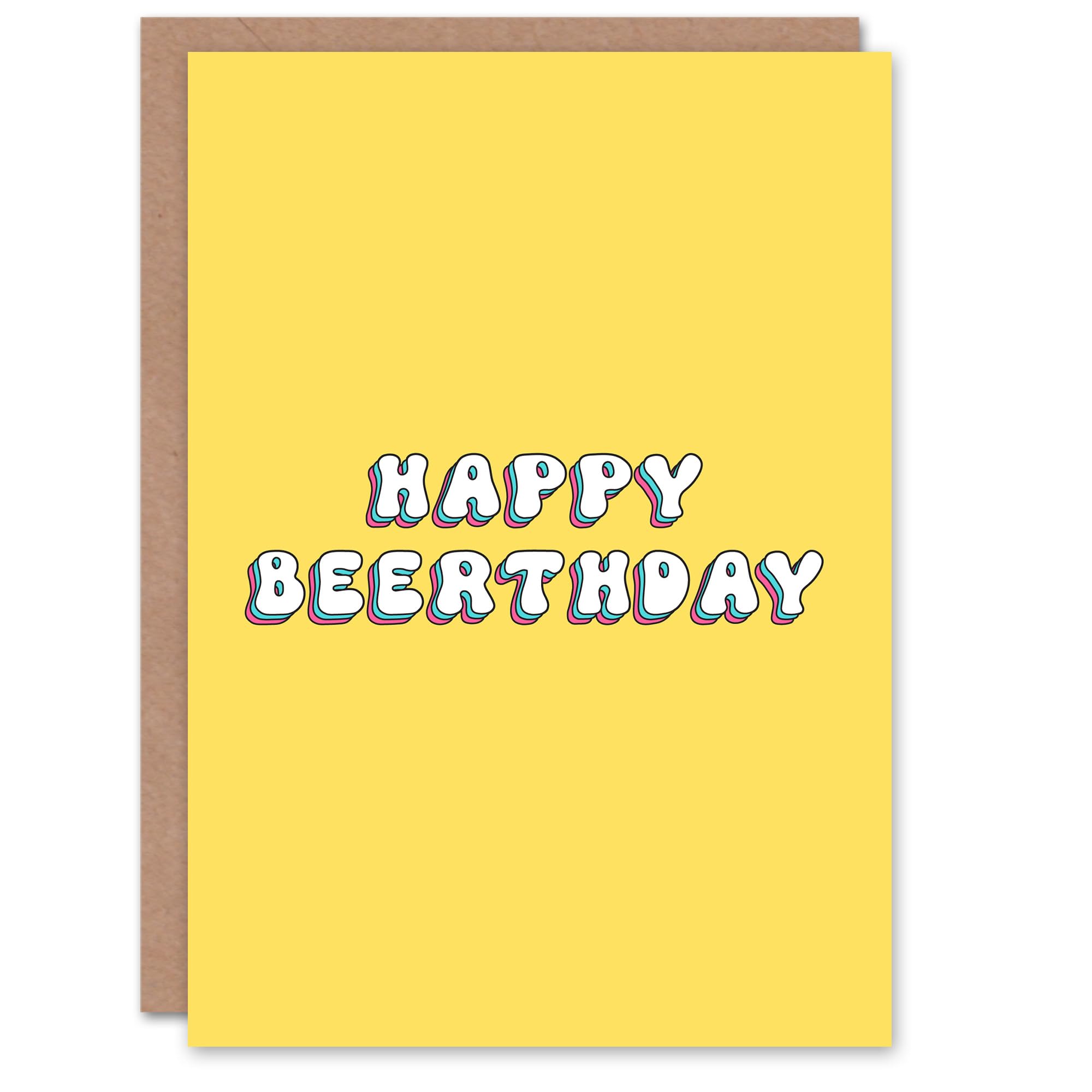 Artery8 Greeting Card Happy Beerthday Beer Pun Simple Retro Yellow Blank For Him Or Her Art Birthday Card